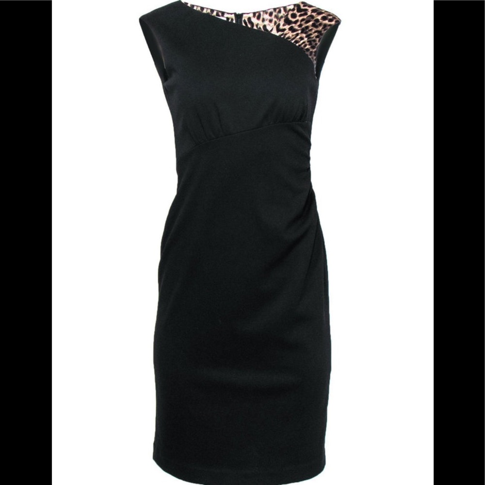 Kay Unger Black Sleeveless Sheath Dress With 100% Silk Leopard Print Shoulder